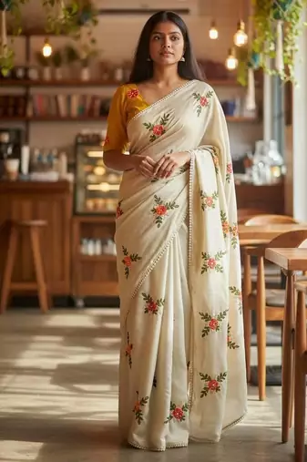 Cream rangoli silk embroidery work party wear designer saree