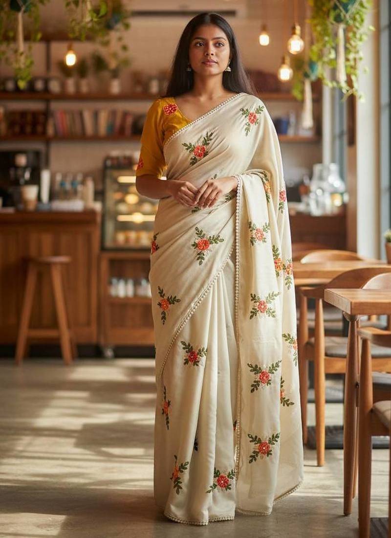 Cream rangoli silk embroidery work party wear designer saree