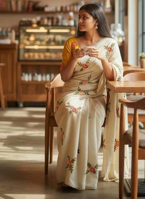 Cream rangoli silk embroidery work party wear designer saree 2