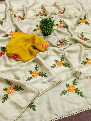 Cream rangoli silk embroidery work party wear designer saree 3