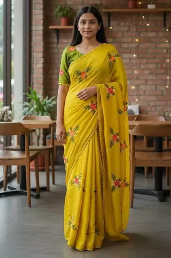 Yellow rangoli silk embroidery work party wear designer saree