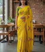 Yellow rangoli silk embroidery work party wear designer saree