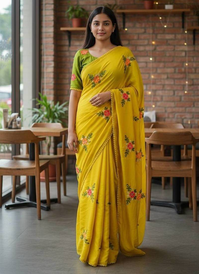 Yellow rangoli silk embroidery work party wear designer saree