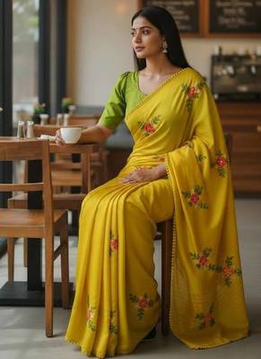 Yellow rangoli silk embroidery work party wear designer saree 2