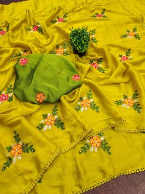 Yellow rangoli silk embroidery work party wear designer saree 3