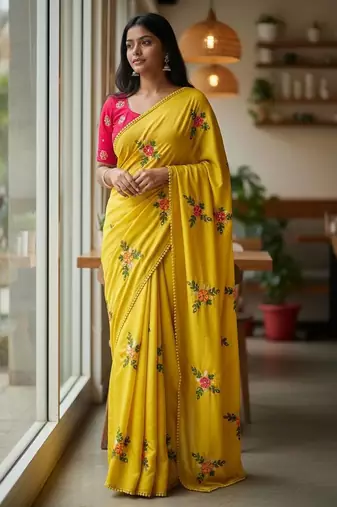 Yellow rangoli silk embroidery work party wear designer saree