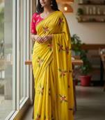 Yellow rangoli silk embroidery work party wear designer saree