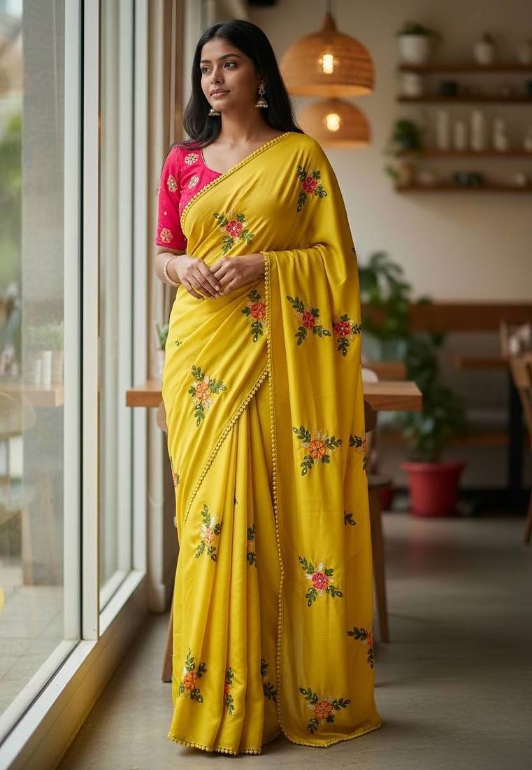 Yellow rangoli silk embroidery work party wear designer saree