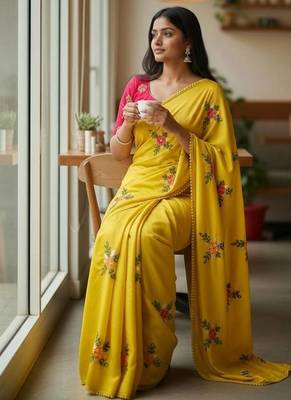Yellow rangoli silk embroidery work party wear designer saree 2