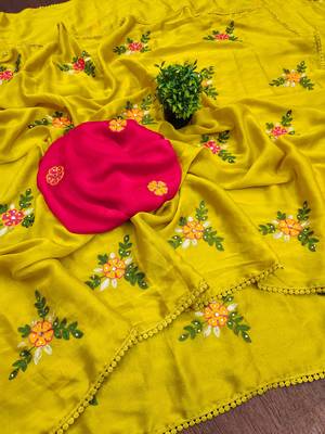 Yellow rangoli silk embroidery work party wear designer saree 3