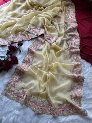 Light  yellow Color Embroidery with beautiful peacock & floral motifs Work Moss Chiffon Saree  2