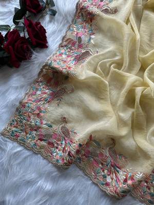 Light  yellow Color Embroidery with beautiful peacock & floral motifs Work Moss Chiffon Saree  3