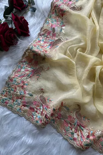 Light  yellow Color Embroidery with beautiful peacock & floral motifs Work Moss Chiffon Saree 