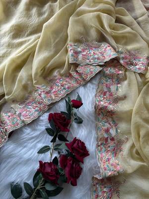 Light  yellow Color Embroidery with beautiful peacock & floral motifs Work Moss Chiffon Saree  5