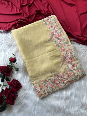 Light  yellow Color Embroidery with beautiful peacock & floral motifs Work Moss Chiffon Saree  1