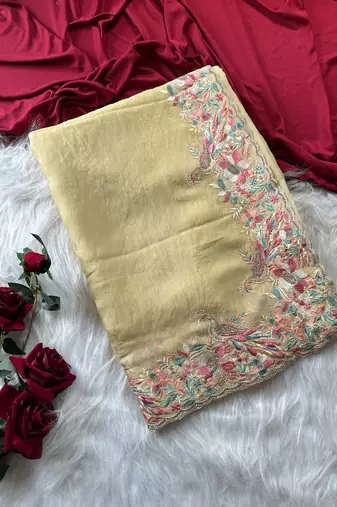 Light  yellow Color Embroidery with beautiful peacock & floral motifs Work Moss Chiffon Saree 