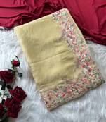 Light  yellow Color Embroidery with beautiful peacock & floral motifs Work Moss Chiffon Saree 