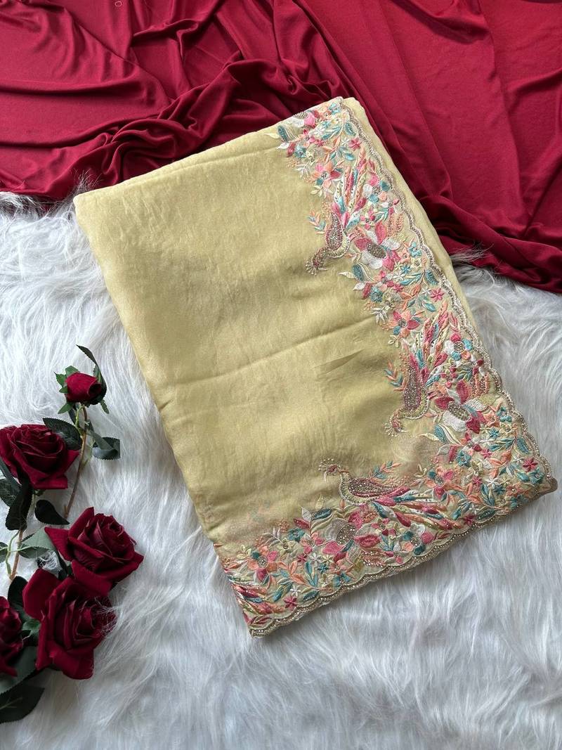 Light  yellow Color Embroidery with beautiful peacock & floral motifs Work Moss Chiffon Saree 