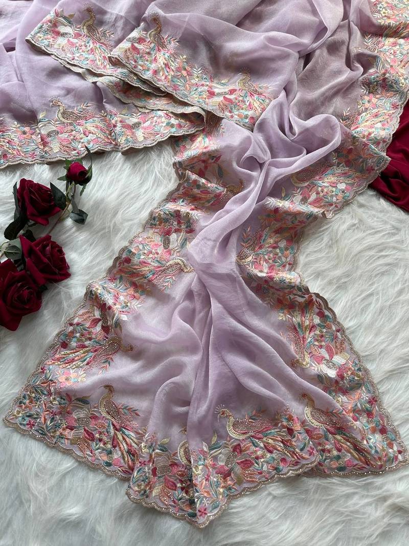 Lavender Color  Embroidery with beautiful peacock & floral motifs Work Moss Chiffon Saree 