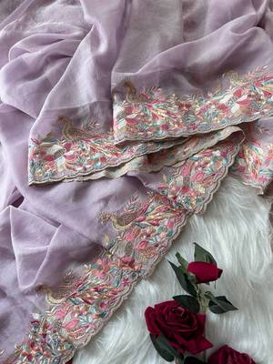 Lavender Color  Embroidery with beautiful peacock & floral motifs Work Moss Chiffon Saree  3
