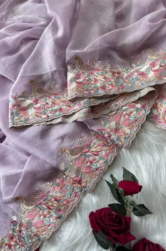 Lavender Color  Embroidery with beautiful peacock & floral motifs Work Moss Chiffon Saree 