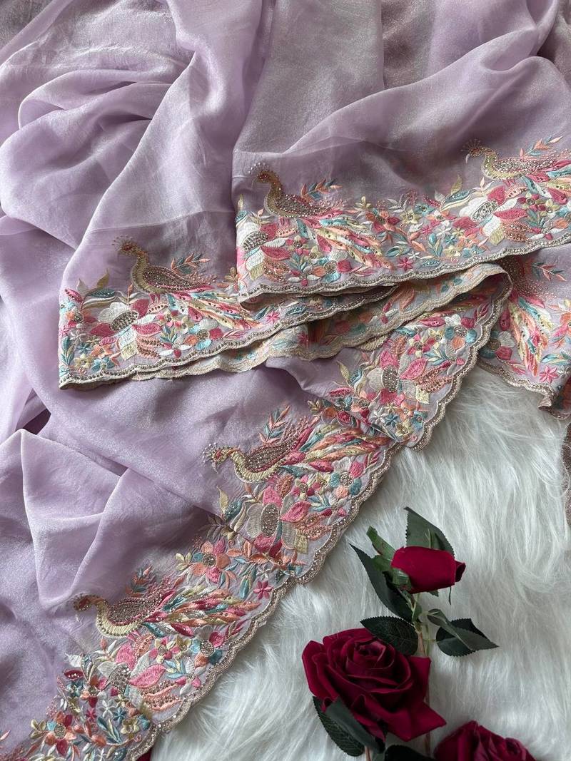 Lavender Color  Embroidery with beautiful peacock & floral motifs Work Moss Chiffon Saree 