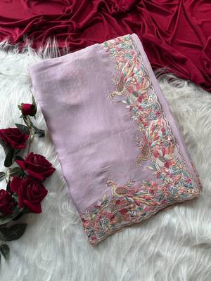 Lavender Color  Embroidery with beautiful peacock & floral motifs Work Moss Chiffon Saree  1