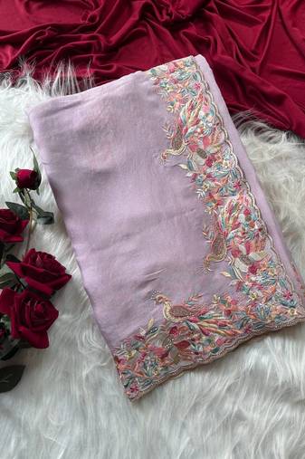 Lavender Color  Embroidery with beautiful peacock & floral motifs Work Moss Chiffon Saree 