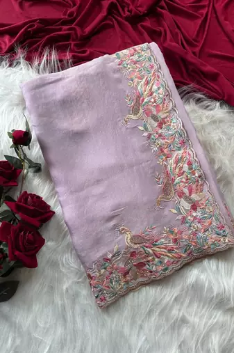 Lavender Color  Embroidery with beautiful peacock & floral motifs Work Moss Chiffon Saree 
