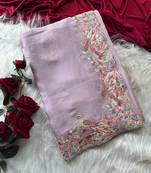 Lavender Color  Embroidery with beautiful peacock & floral motifs Work Moss Chiffon Saree 