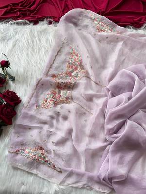 Lavender Color  Embroidery with beautiful peacock & floral motifs Work Moss Chiffon Saree  4