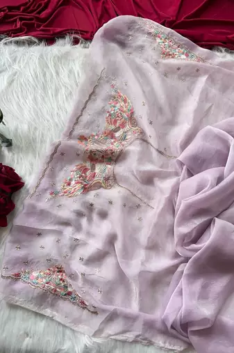 Lavender Color  Embroidery with beautiful peacock & floral motifs Work Moss Chiffon Saree 