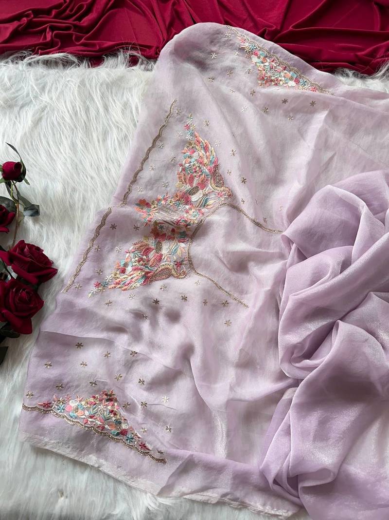 Lavender Color  Embroidery with beautiful peacock & floral motifs Work Moss Chiffon Saree 