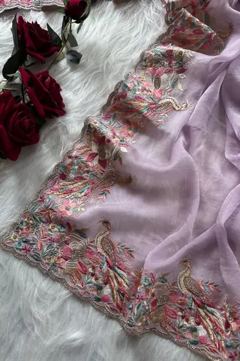 Lavender Color  Embroidery with beautiful peacock & floral motifs Work Moss Chiffon Saree 