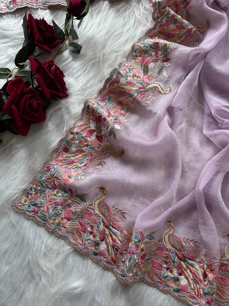 Lavender Color  Embroidery with beautiful peacock & floral motifs Work Moss Chiffon Saree 