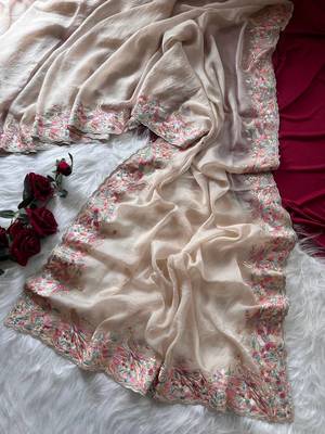 Beige Color Embroidery with beautiful peacock & floral motifs Work Moss Chiffon Saree  2