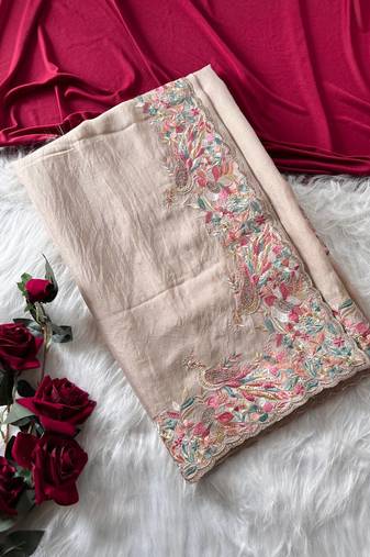 Beige Color Embroidery with beautiful peacock & floral motifs Work Moss Chiffon Saree 