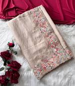 Beige Color Embroidery with beautiful peacock & floral motifs Work Moss Chiffon Saree 