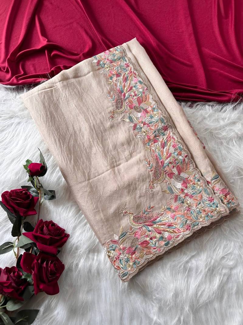 Beige Color Embroidery with beautiful peacock & floral motifs Work Moss Chiffon Saree 