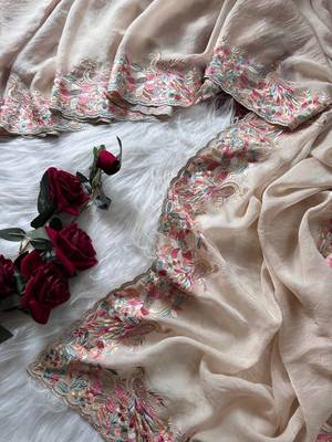 Beige Color Embroidery with beautiful peacock & floral motifs Work Moss Chiffon Saree  3