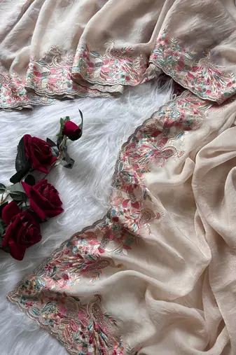 Beige Color Embroidery with beautiful peacock & floral motifs Work Moss Chiffon Saree 