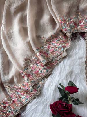 Beige Color Embroidery with beautiful peacock & floral motifs Work Moss Chiffon Saree  4