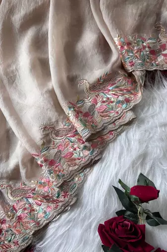 Beige Color Embroidery with beautiful peacock & floral motifs Work Moss Chiffon Saree 