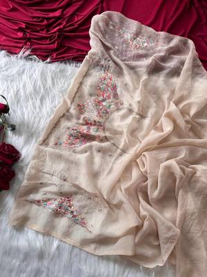 Beige Color Embroidery with beautiful peacock & floral motifs Work Moss Chiffon Saree  5