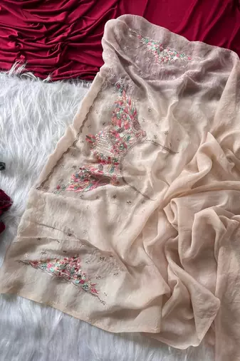 Beige Color Embroidery with beautiful peacock & floral motifs Work Moss Chiffon Saree 