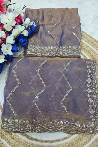 Lavender Color Multi Sequincs Emrodairy Work Sattin Saree