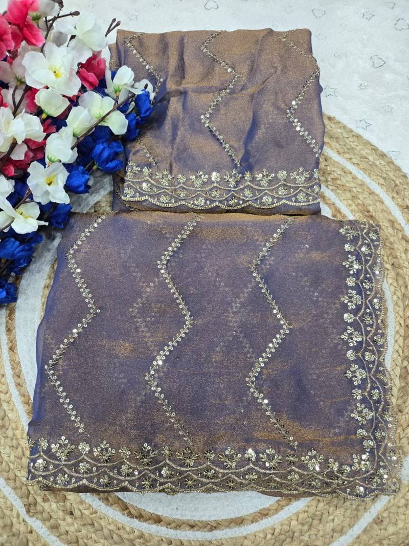 Lavender Color Multi Sequincs Emrodairy Work Sattin Saree