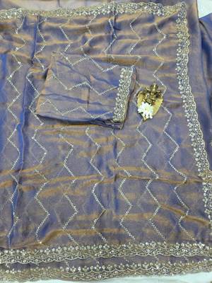 Lavender Color Multi Sequincs Emrodairy Work Sattin Saree 2