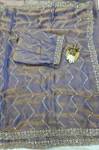 Lavender Color Multi Sequincs Emrodairy Work Sattin Saree