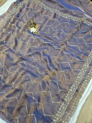 Lavender Color Multi Sequincs Emrodairy Work Sattin Saree 3
